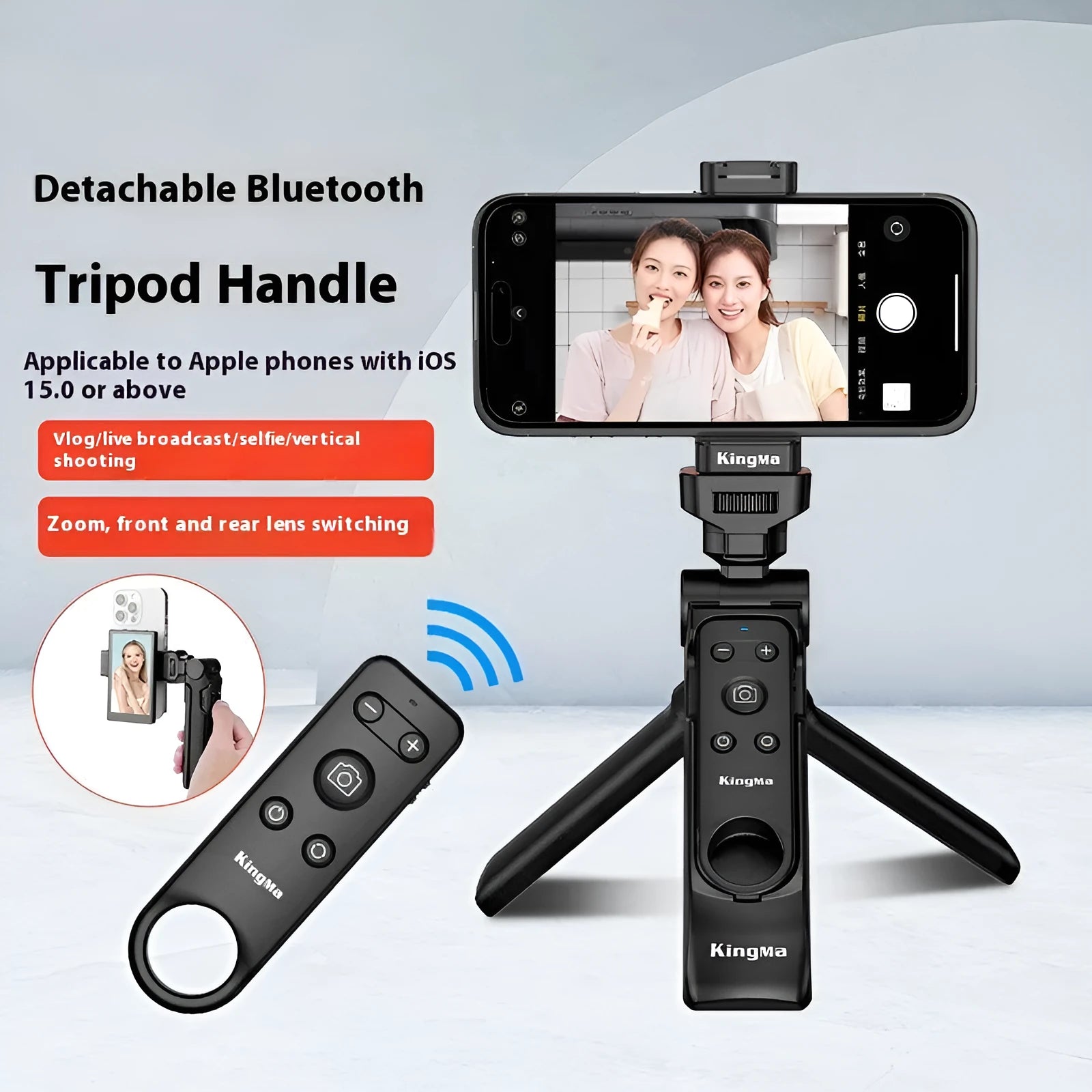 Black ABS mobile phone tripod with Bluetooth remote control and handle