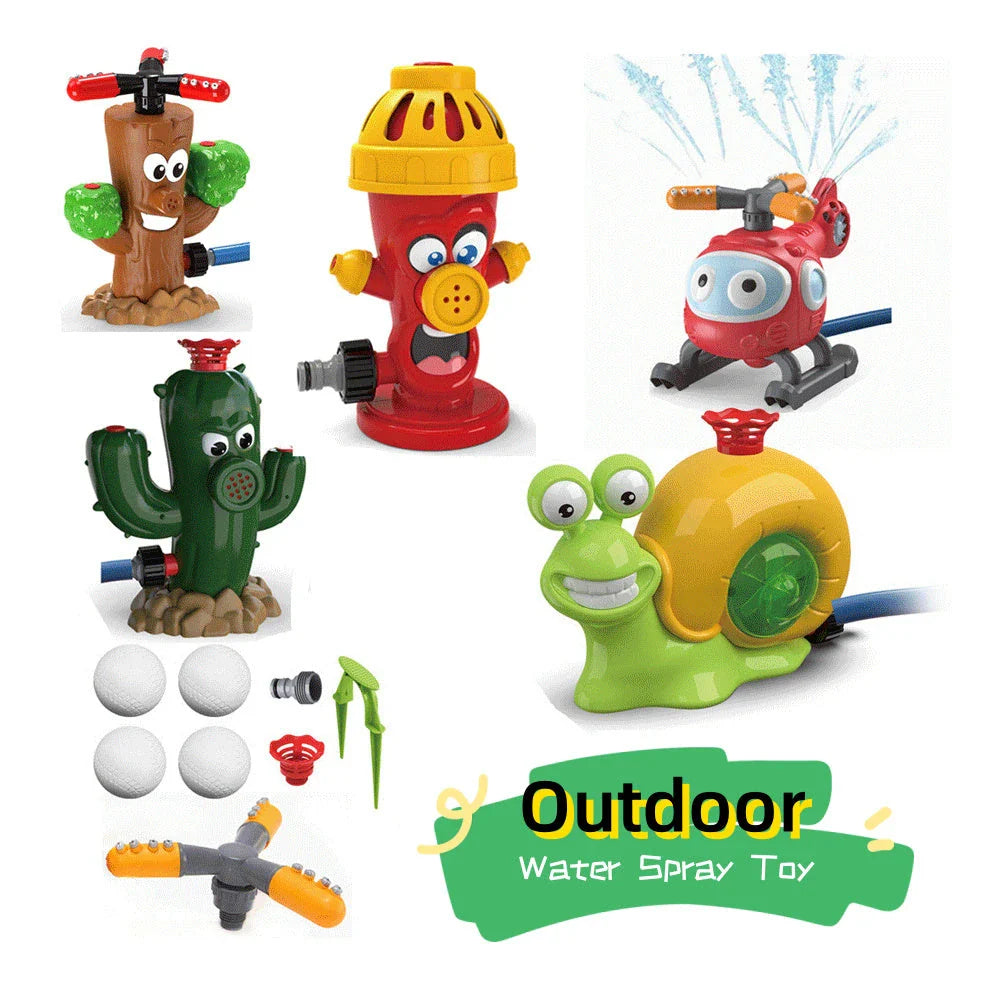 Colorful outdoor sprinkler toy with various water spray designs for backyard summer fun