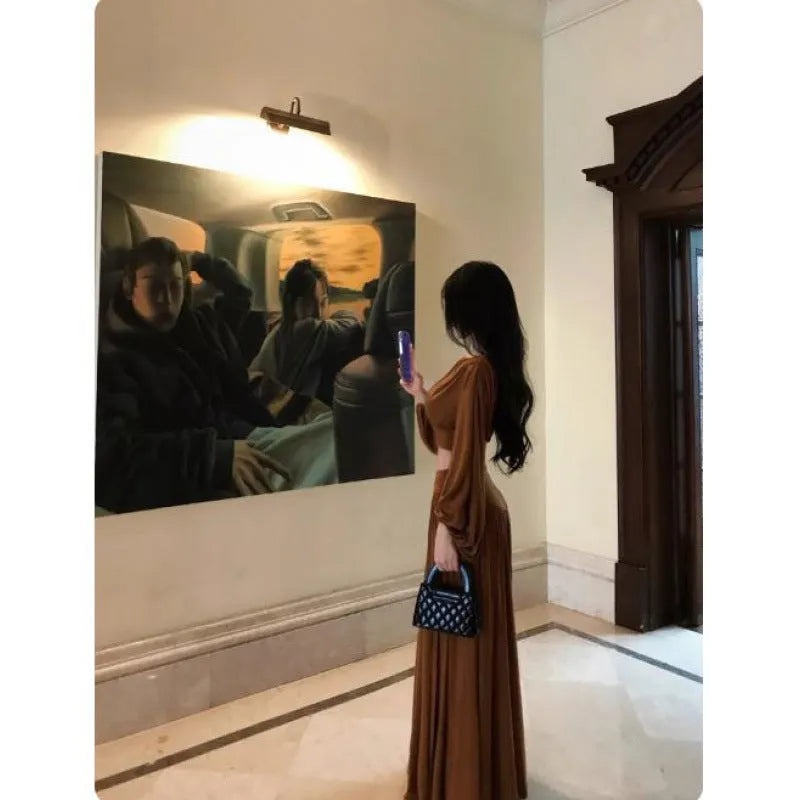Women's batwing sleeve round neck top and pleating split long skirt suit in solid brown colour, polyester, Asian sizes S to 3XL