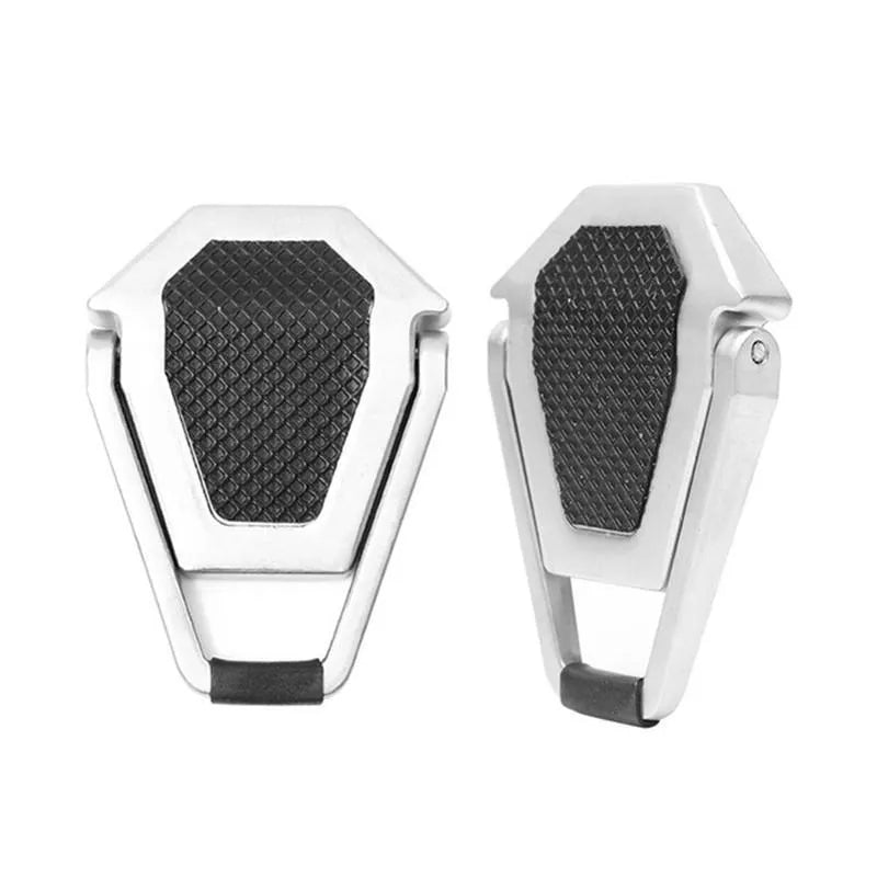 Foldable aluminium computer bracket shown in silver next to 3M adhesive strips for mounting