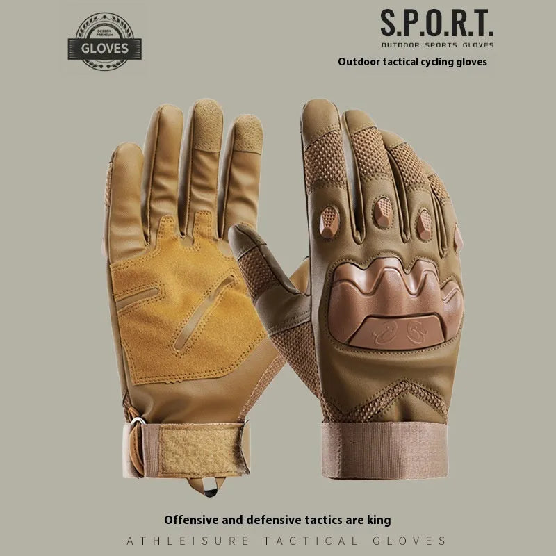 Men's black tactical training gloves with full finger design and touch screen-compatible fabric on a solid background.