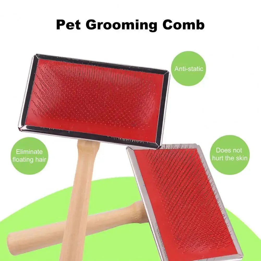 Stainless steel pet grooming comb with wooden handle on a white background for detangling dog and cat fur