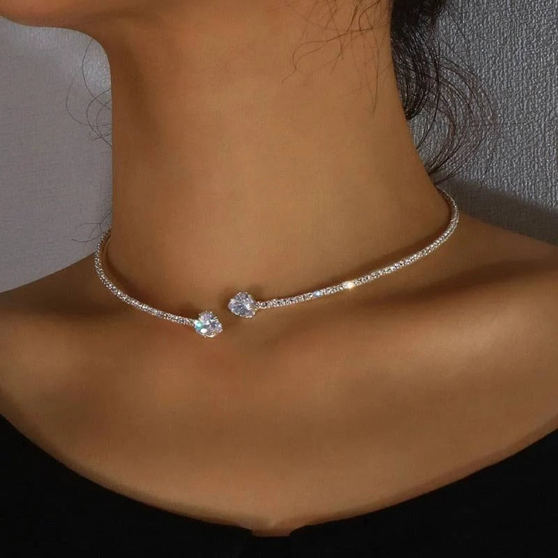 Rhinestone Heart Collar Choker Necklace in silver and gold options