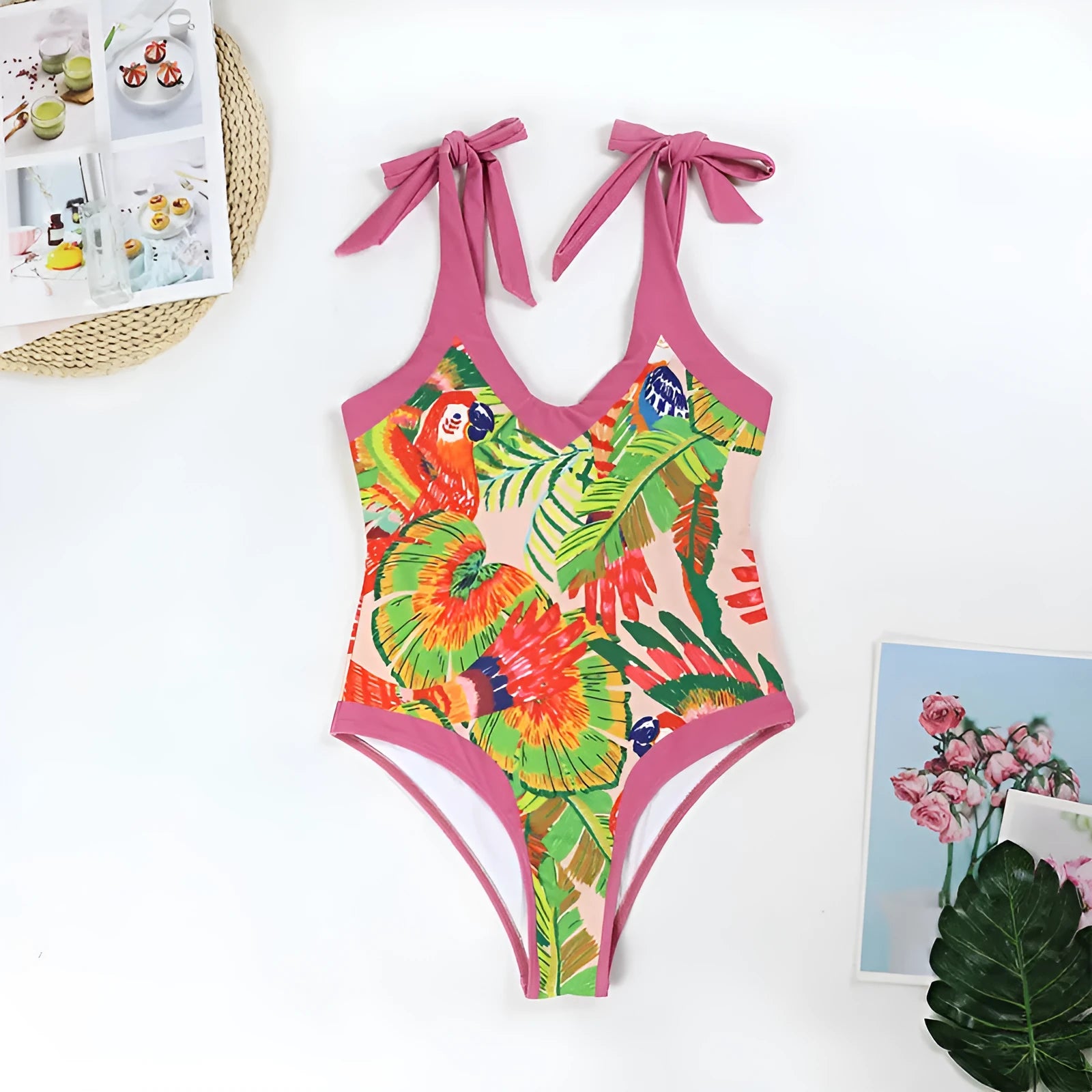 Women's pink retro one-piece swimsuit with V-neck, backless design and thin skirt cover