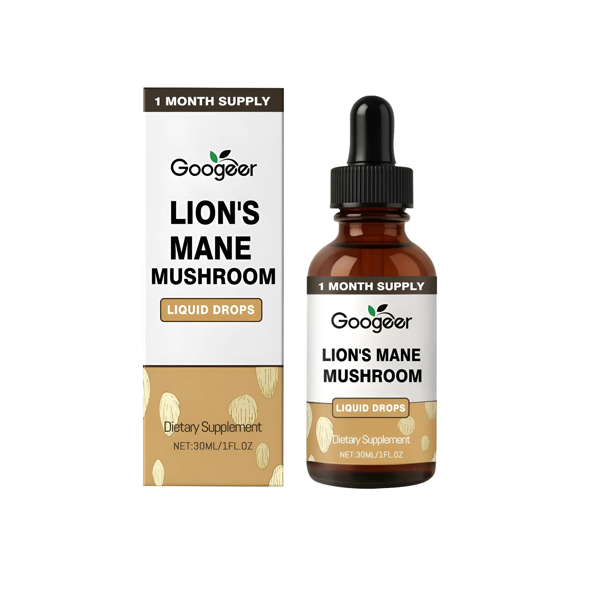 30ml bottle of Lion's Mane mushroom liquid drops with dropper containing Pleurotus cornucopiae extract