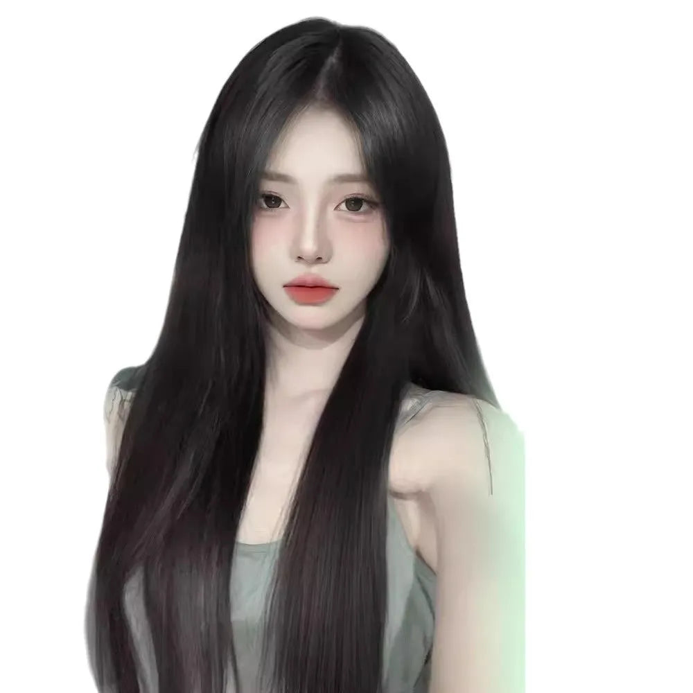 Female full-head wig with forehead lace in brown black colour showing fluffy high-temperature fibre texture