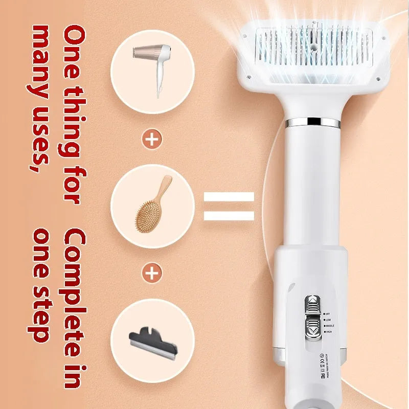 Pet hair dryer and blue whirlpool comb for dog grooming on a white background.