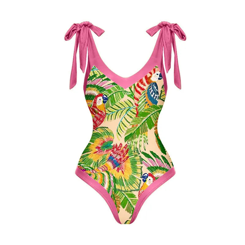 Women's pink retro one-piece swimsuit with V-neck, backless design and thin skirt cover