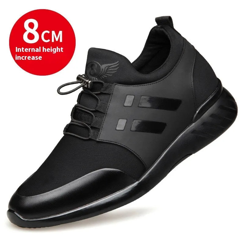 Men's black casual shoes with hidden chunky heel for height increase, shown in leather, Lycra and mesh options