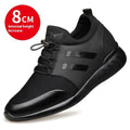 Men's black casual shoes with hidden chunky heel for height increase, shown in leather, Lycra and mesh options