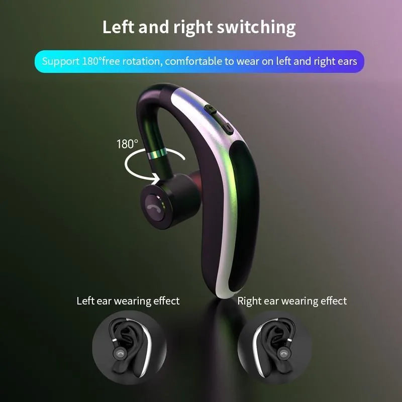 Wireless hanging ear Bluetooth headset in black with in-ear design and battery display