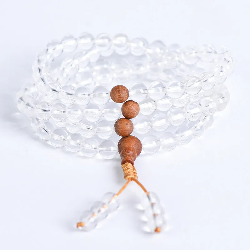 Natural white crystal 108 beads bracelet polished unisex retro geometric shape on display