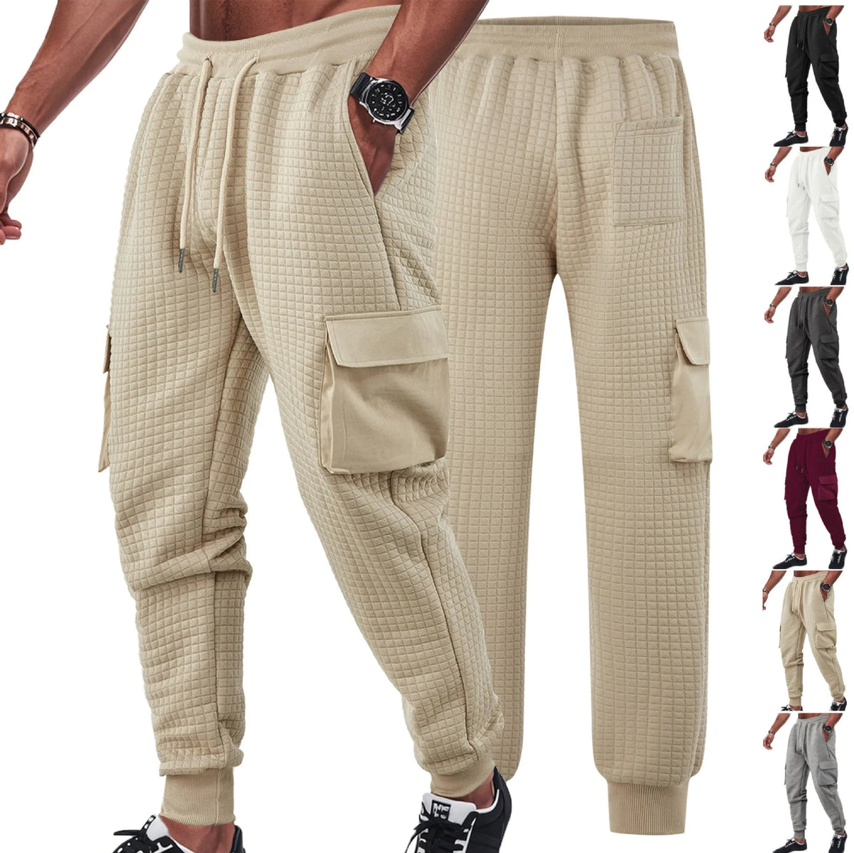 Men's thickened small check jacquard sweatpants in khaki, cargo style with drawstring waist and belt.