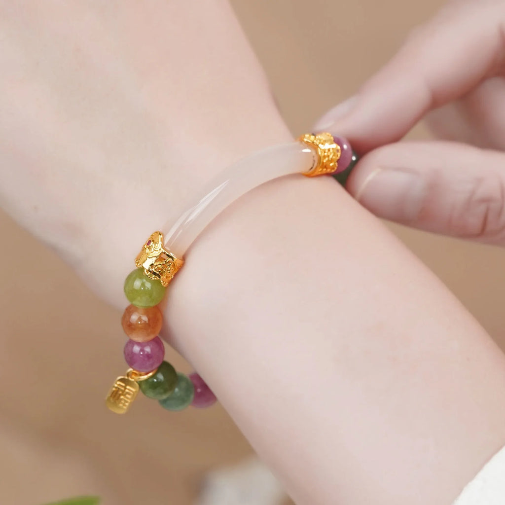 Rainbow coloured electroplated half bracelet for women made from jade and tourmaline.