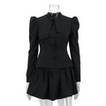 Women's gray bow tie long sleeve suit top and short skirt two-piece set on model