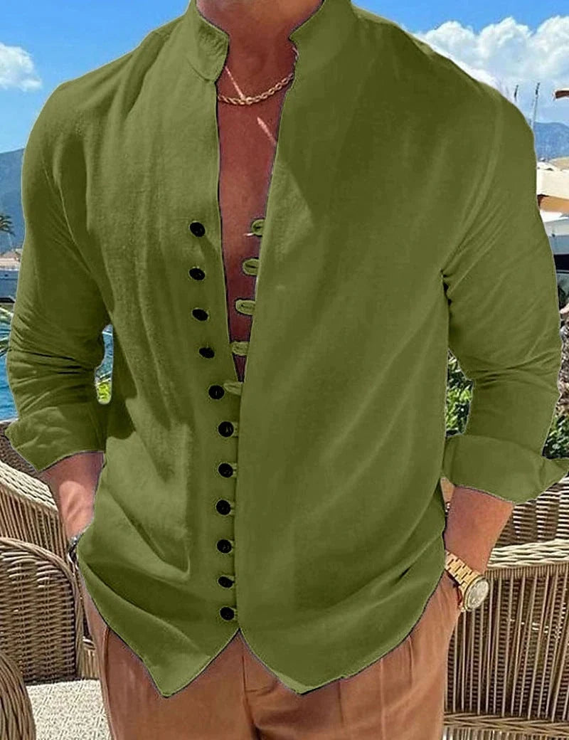 Retro button design long-sleeved shirt for men in loose fit, available in multiple colours