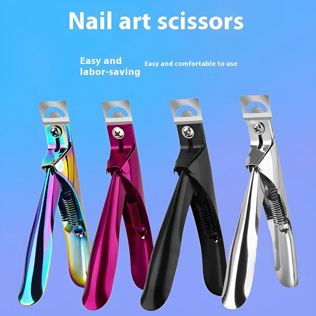 Close-up of stainless steel French U-shaped nail scissors on a plain background.