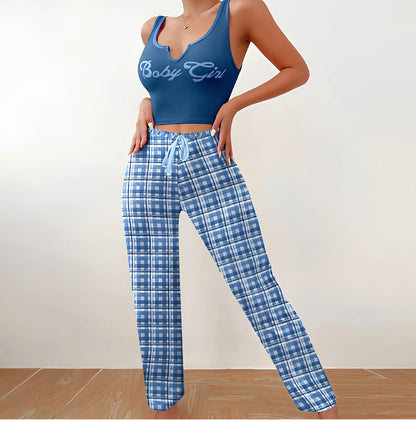 Women's plaid pyjama set with sleeveless letter print top and coordinating trousers for versatile homewear