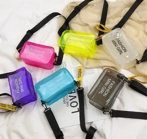 Transparent square jelly cross-body shoulder bag with adjustable strap in multiple colour options.