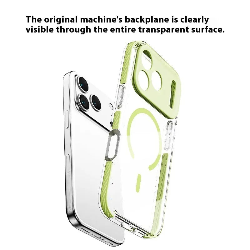 Transparent magnetic iPhone protective case showing sweet blue, candy green, and sweet orange colour options