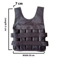 Children's adjustable sand vest with weight pockets showing height ranges 80-160cm and load options 2kg to 8kg