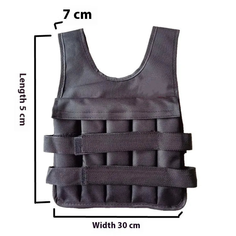 Children's adjustable sand vest with weight pockets showing height ranges 80-160cm and load options 2kg to 8kg