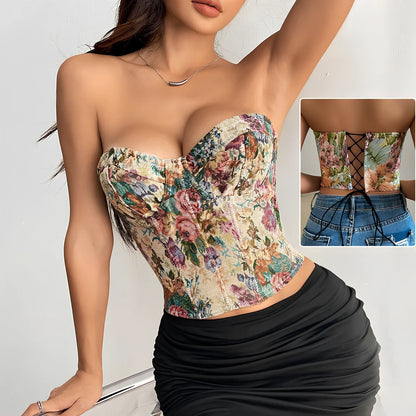 Women's Y2K floral lace tube vest top in apricot, 40cm crop length with back-tied strapless design, slim fit polyester tank