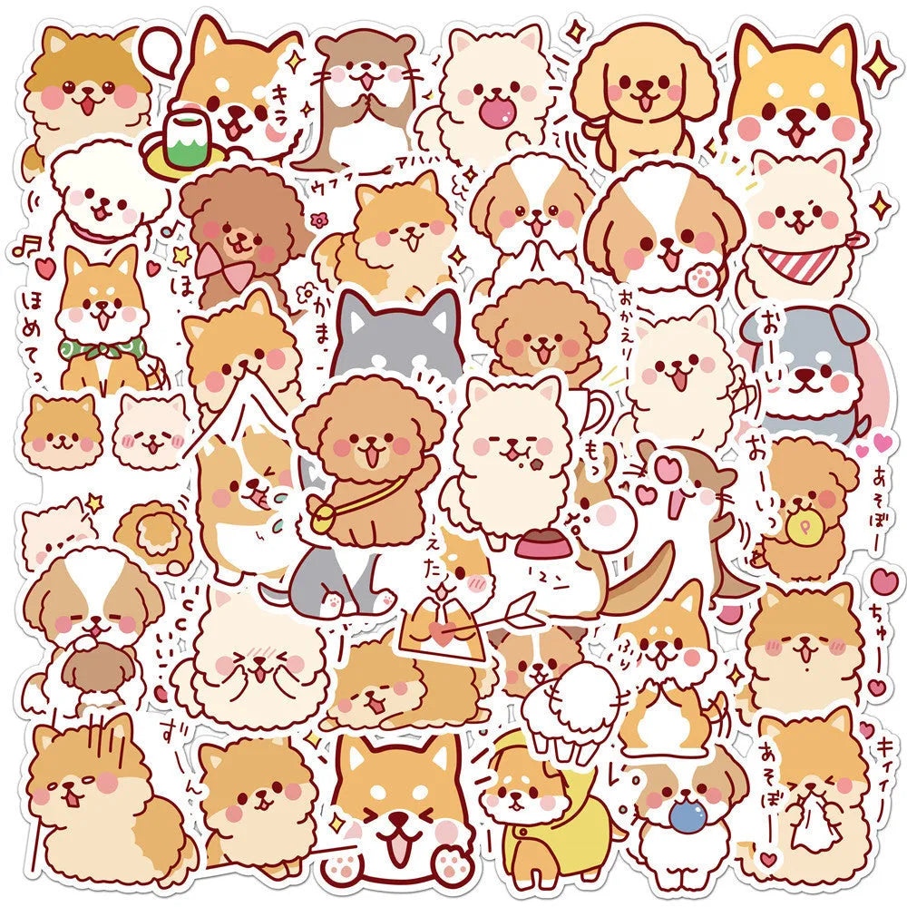 Pack of 50 cute dog graffiti stickers with paper and PVC adhesive, colour L50-82, on a white background