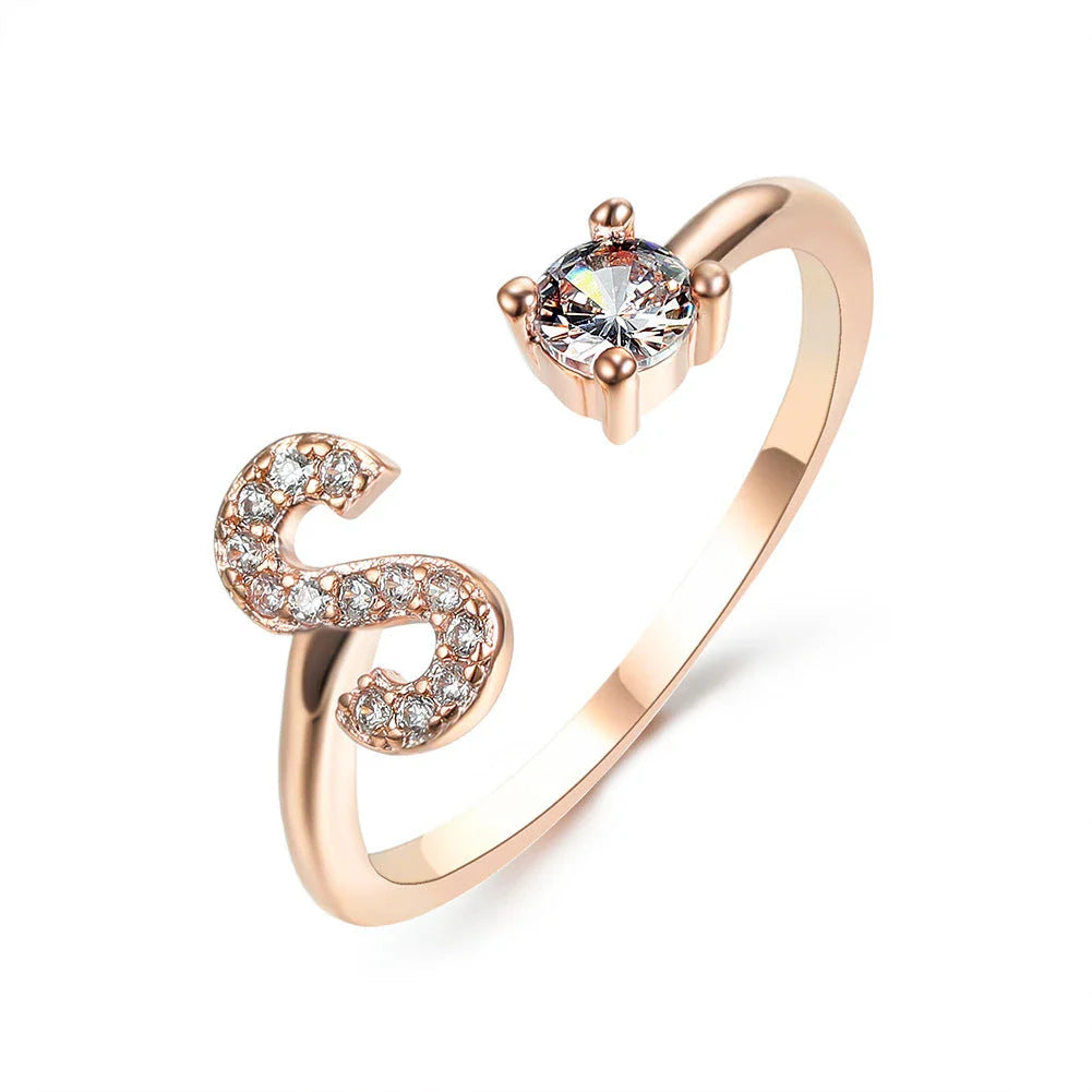 Elegant 26-letter adjustable initial ring in gold, silver, and rose gold finishes