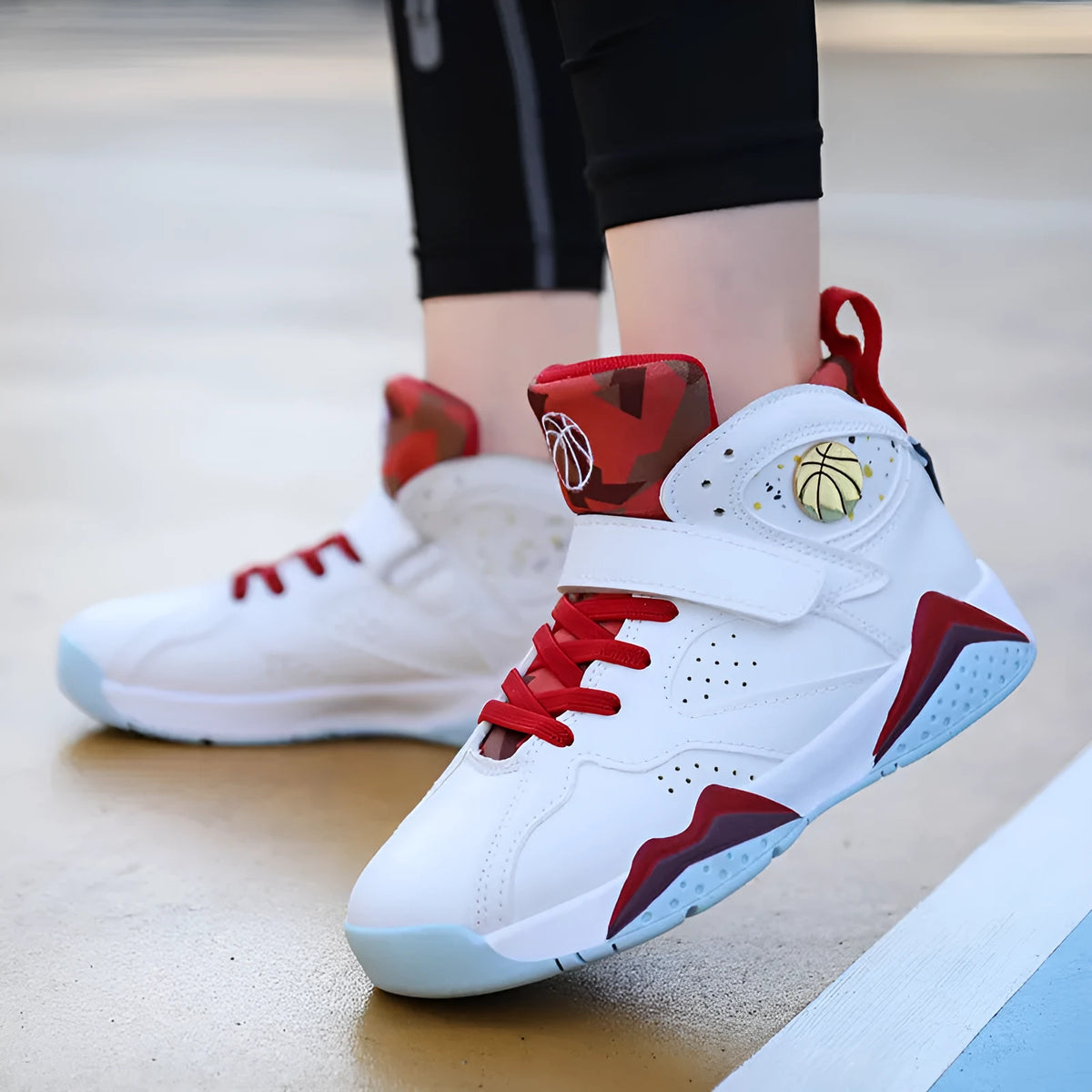 Boys artificial leather running shoes in white and red colourway, sizes 27-37 for elementary school