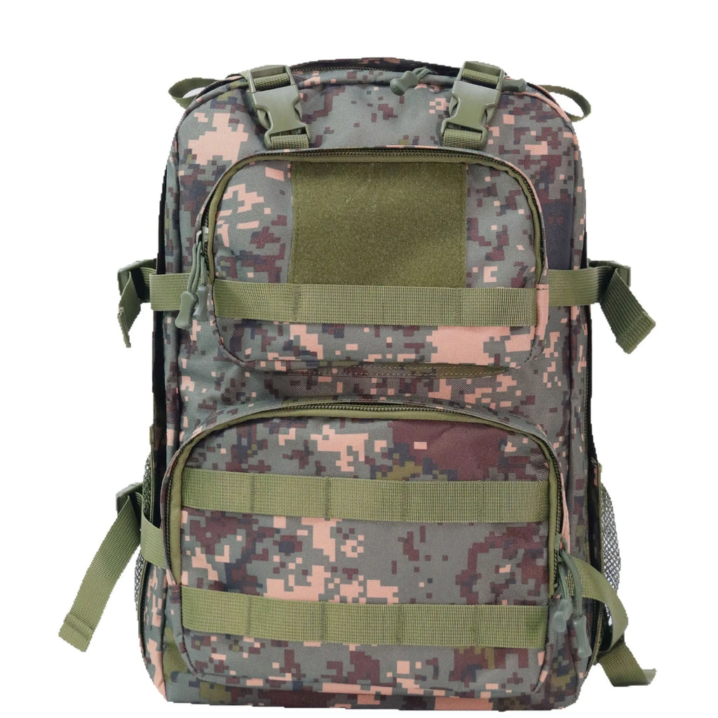 Camouflage pattern waterproof outdoor rucksack with dimensions 30x15x46cm showing air pillow belt system