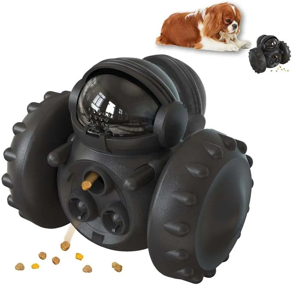 A robot-shaped, self-balancing dog and cat treat dispenser toy in various colours, shown with dry food.