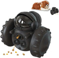 A robot-shaped, self-balancing dog and cat treat dispenser toy in various colours, shown with dry food.