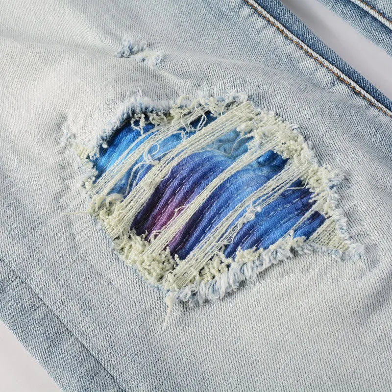 Distressed cat beard patch ripped stretch denim jeans for youth, mid rise, straight leg, cotton, sizes 28 to 40