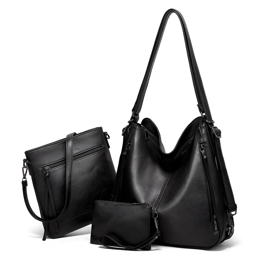 Women's retro three-piece bag set in soft PU material with horizontal square shape and sewing thread detail, available in multiple colours