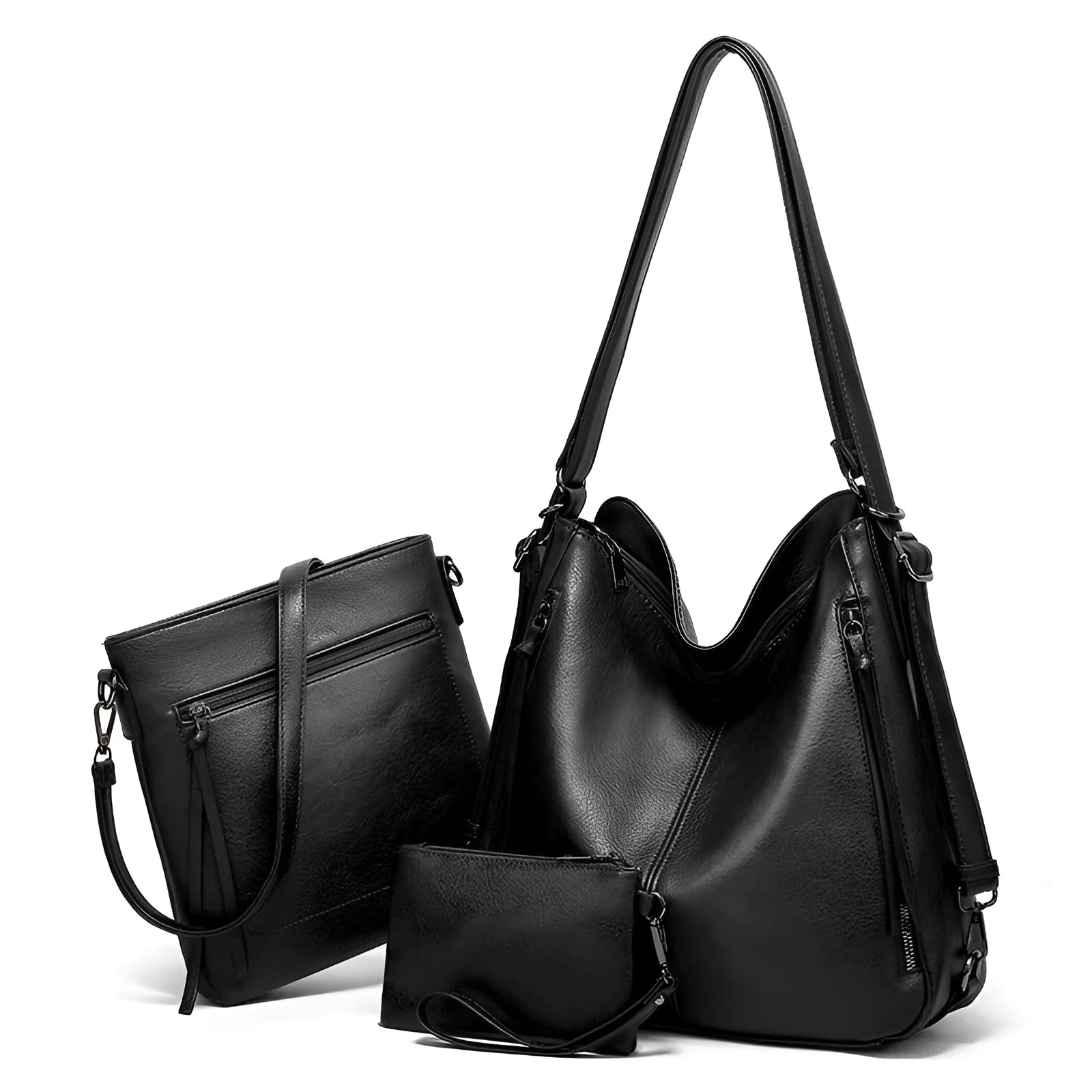 Women's retro three-piece bag set in soft PU material with horizontal square shape and sewing thread detail, available in multiple colours