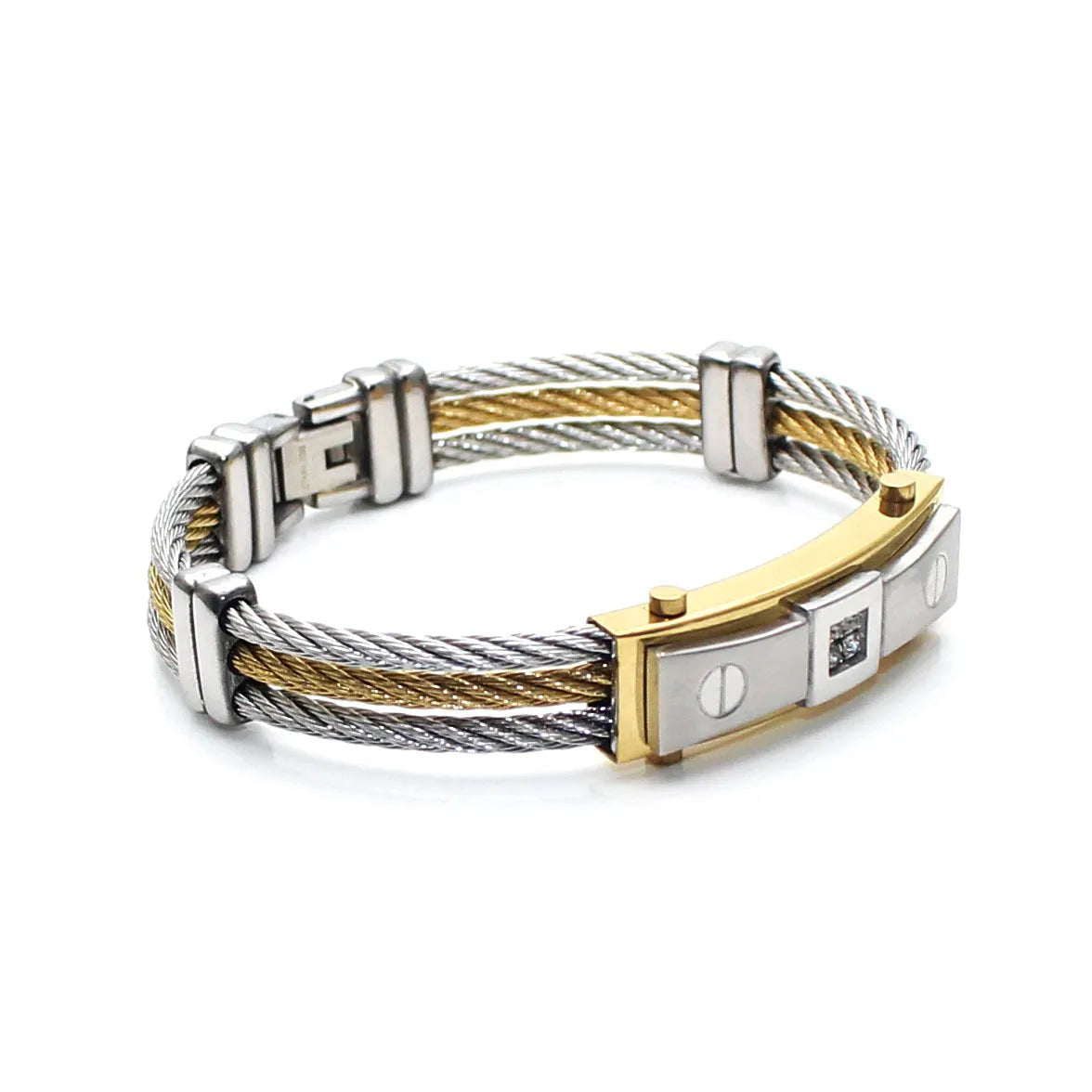 Three-ring steel wire braided hemp rope bracelet in titanium steel with electroplated finish on neutral background