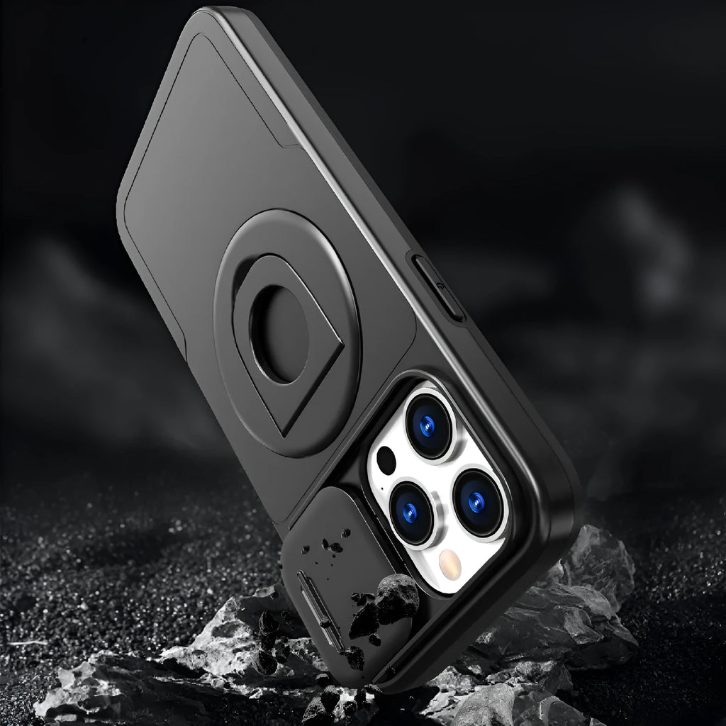 Black phone case with sliding window and magnetic ring bracket for Apple iPhone models