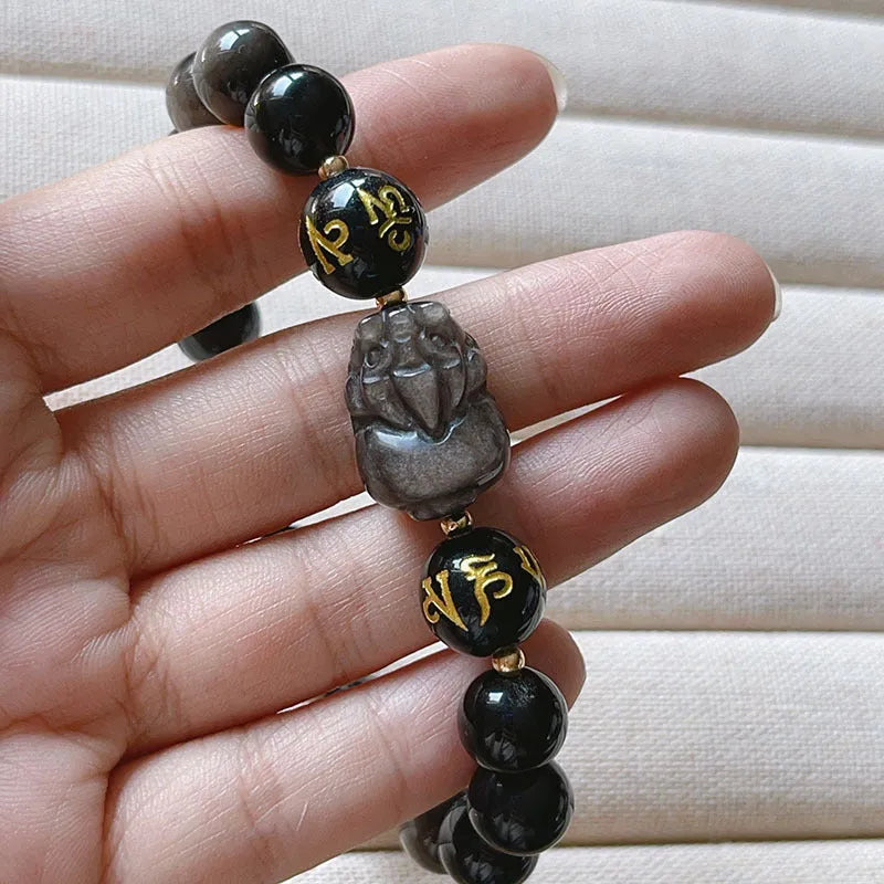 Men's silver stone bracelet with zodiac symbols and Chinese proverbs on black background