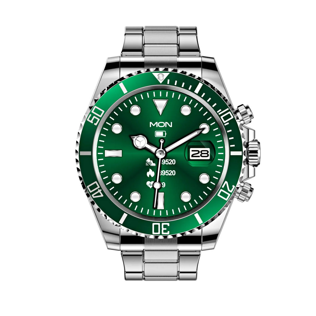 Stainless steel green water ghost dial smartwatch on wrist showing heart rate and time on 1.28 inch TFT screen