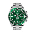 Stainless steel green water ghost dial smartwatch on wrist showing heart rate and time on 1.28 inch TFT screen