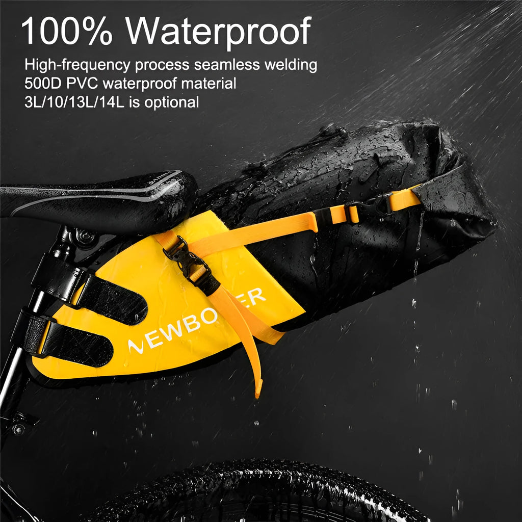 Large yellow waterproof PVC tail bag mounted on a bicycle rear, showing its 13L capacity.