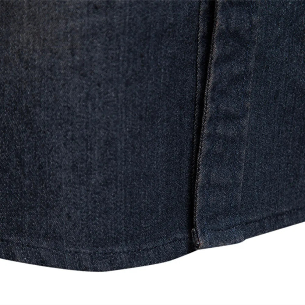 Men's slim-fit long-sleeved denim shirt in a solid colour on a hanger.
