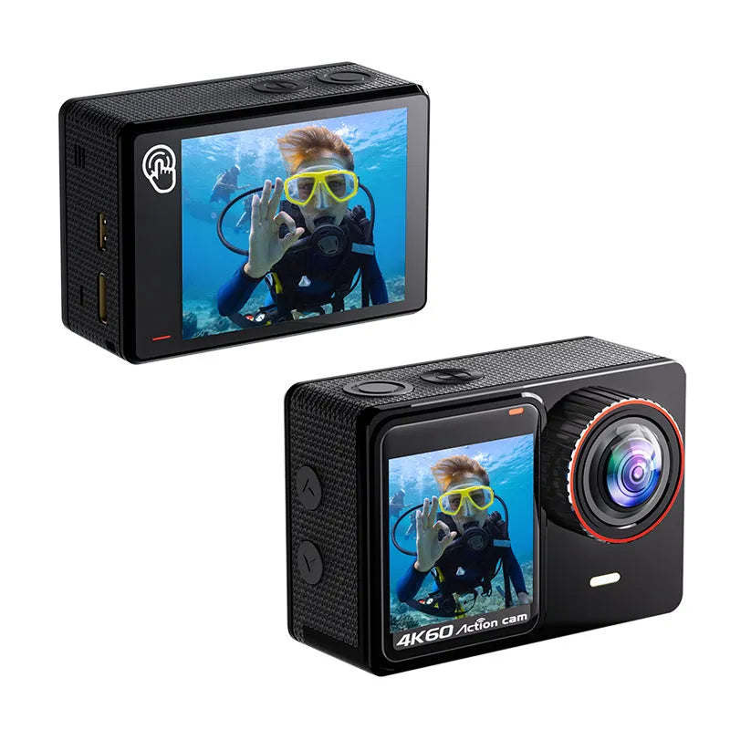 True 4K action camera with waterproof housing, ABS body, and dual-colour screen for outdoor sports