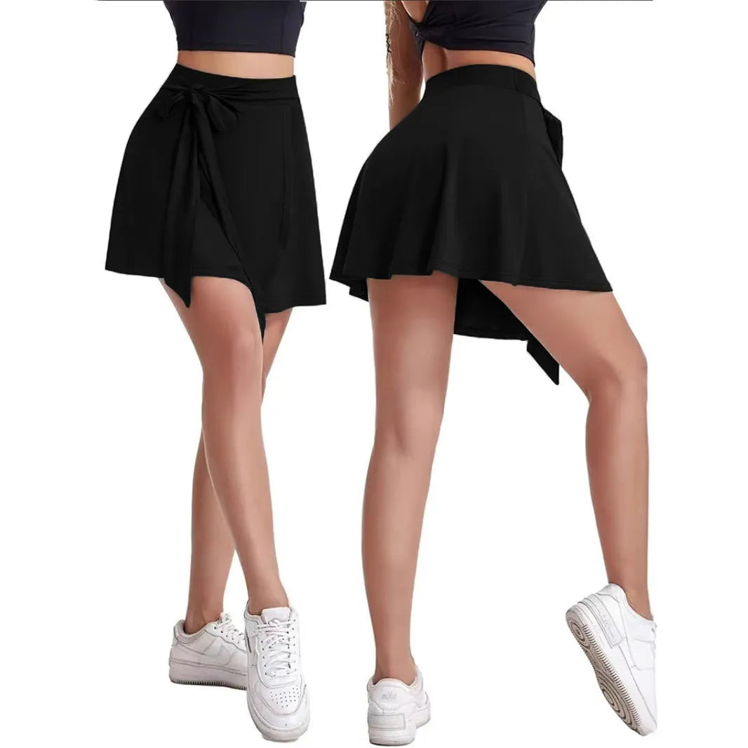 Black thigh-length sports skirt with high waist and attached anti-exposure shorts
