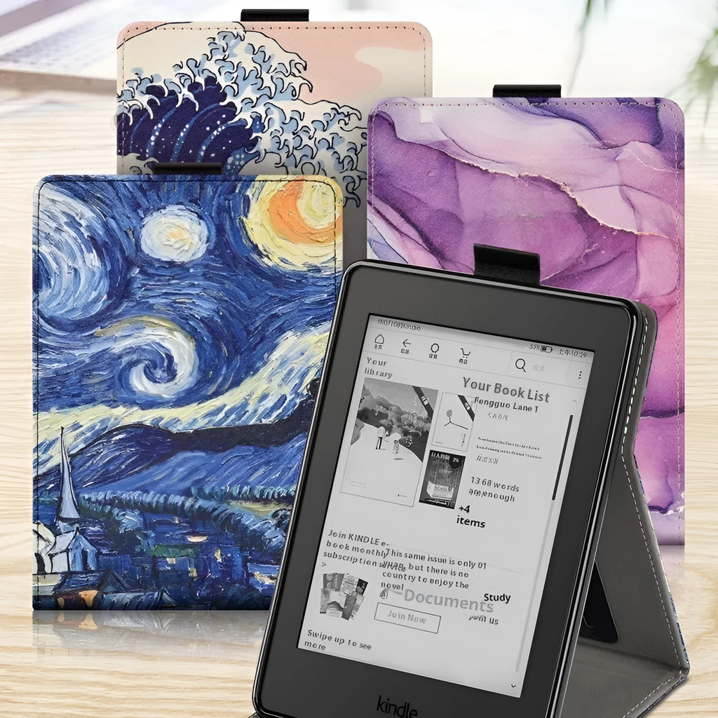 Handheld protective case for 6-inch Kindle with folding brackets shown in a solid colour option.