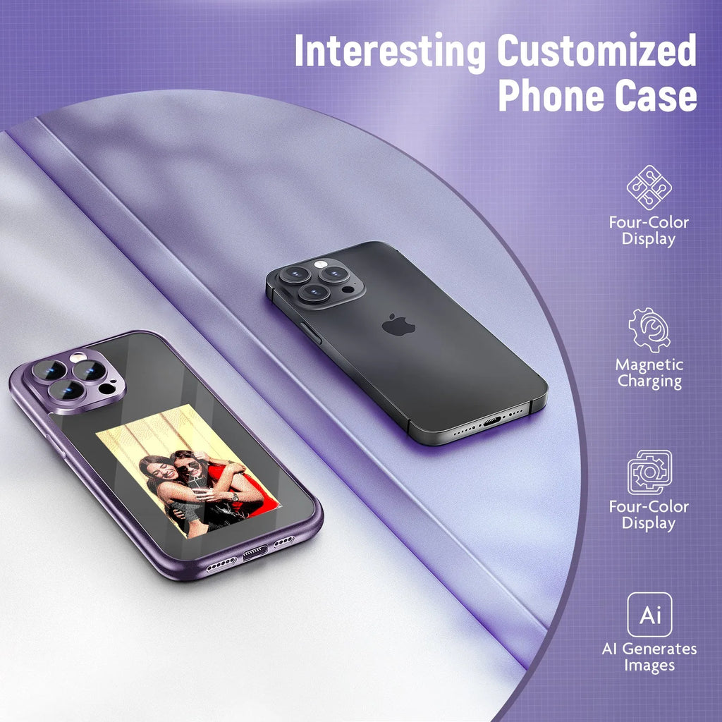Black plastic flip phone case for iPhone 15 Pro with visible NFC chip and blank ink screen panel for DIY designs.
