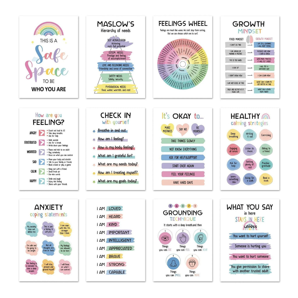 12 mental health posters on glossy coated paper each 255 x 355mm with bright film finish for office or consulting room display