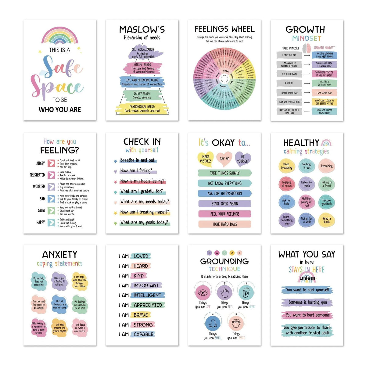 12 mental health posters on glossy coated paper each 255 x 355mm with bright film finish for office or consulting room display