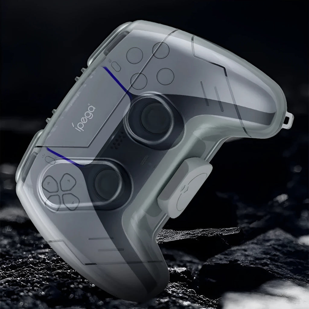 Transparent grey hard plastic game controller protection and storage case.